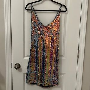 Rose gold and blue sequin cocktail dress